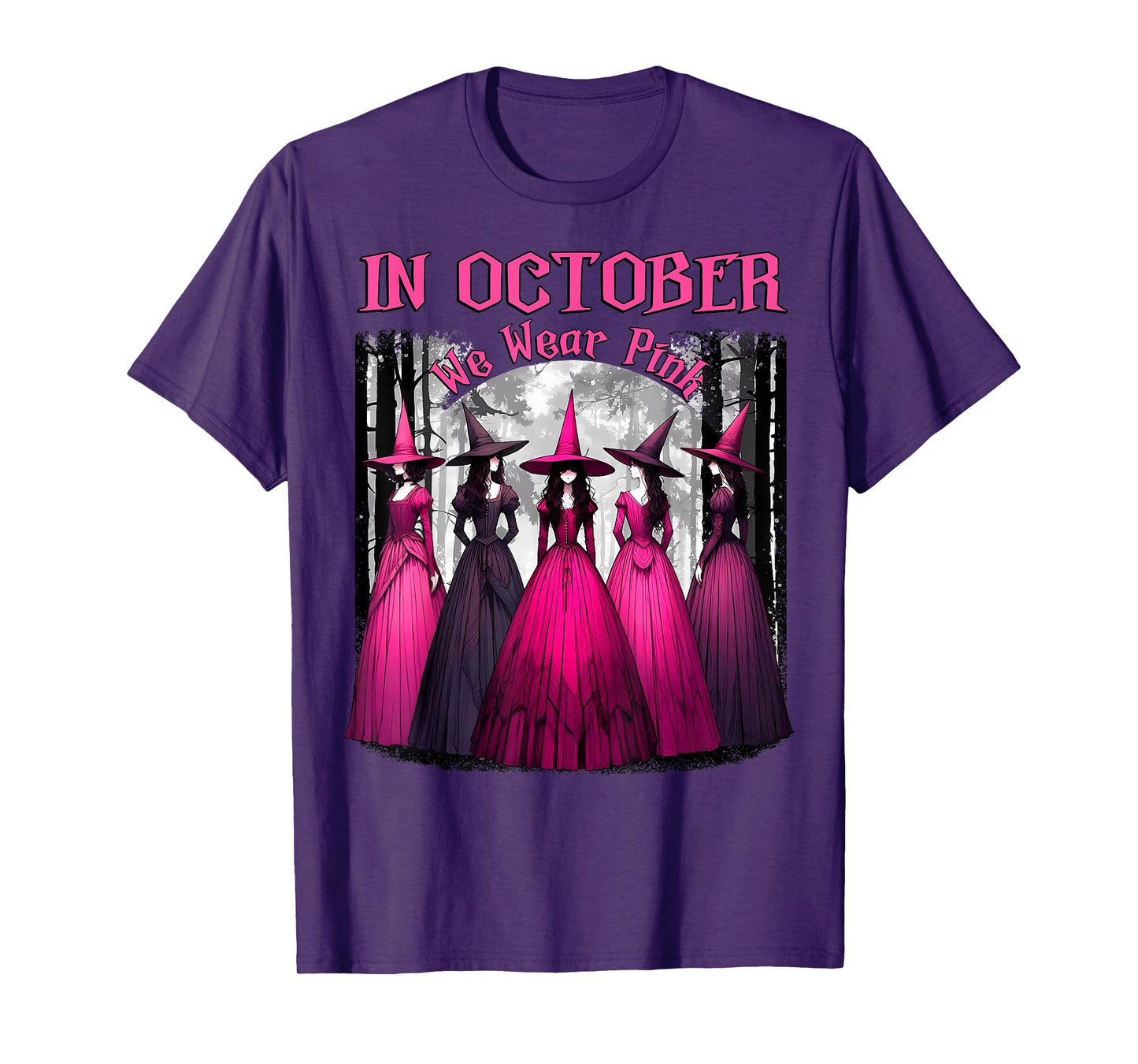 in October We Wear Pink Spooky Witch Halloween Breast Cancer T-Shirt