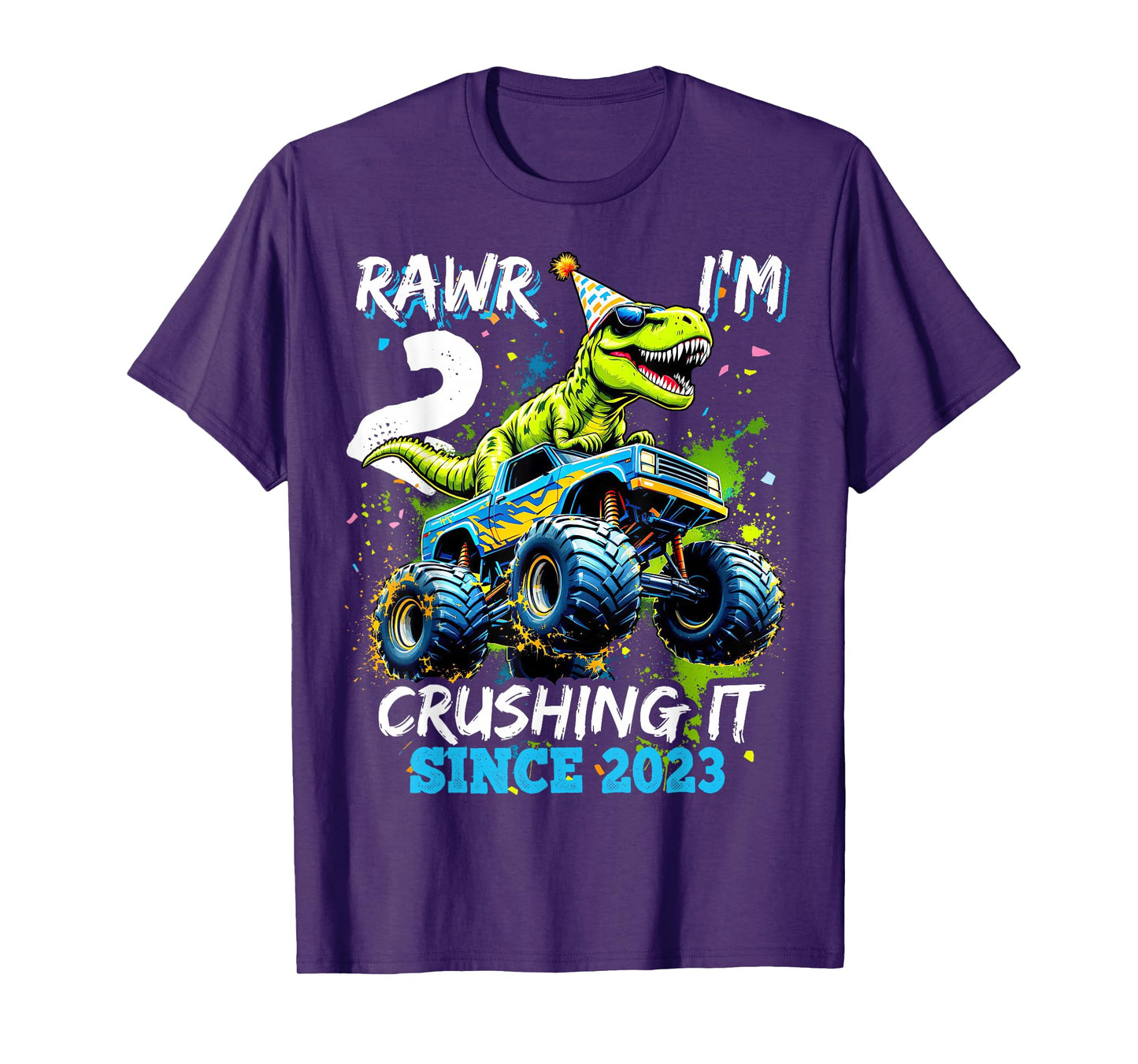 2nd Birthday Monster Truck Dinosaur Party Boys Rawr I'm 2 T-Shirt
