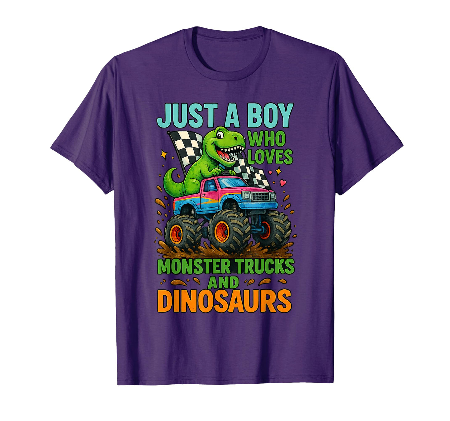 Just A Boy Who Loves Monster Trucks and Dinosaurs Cute T-Rex T-Shirt