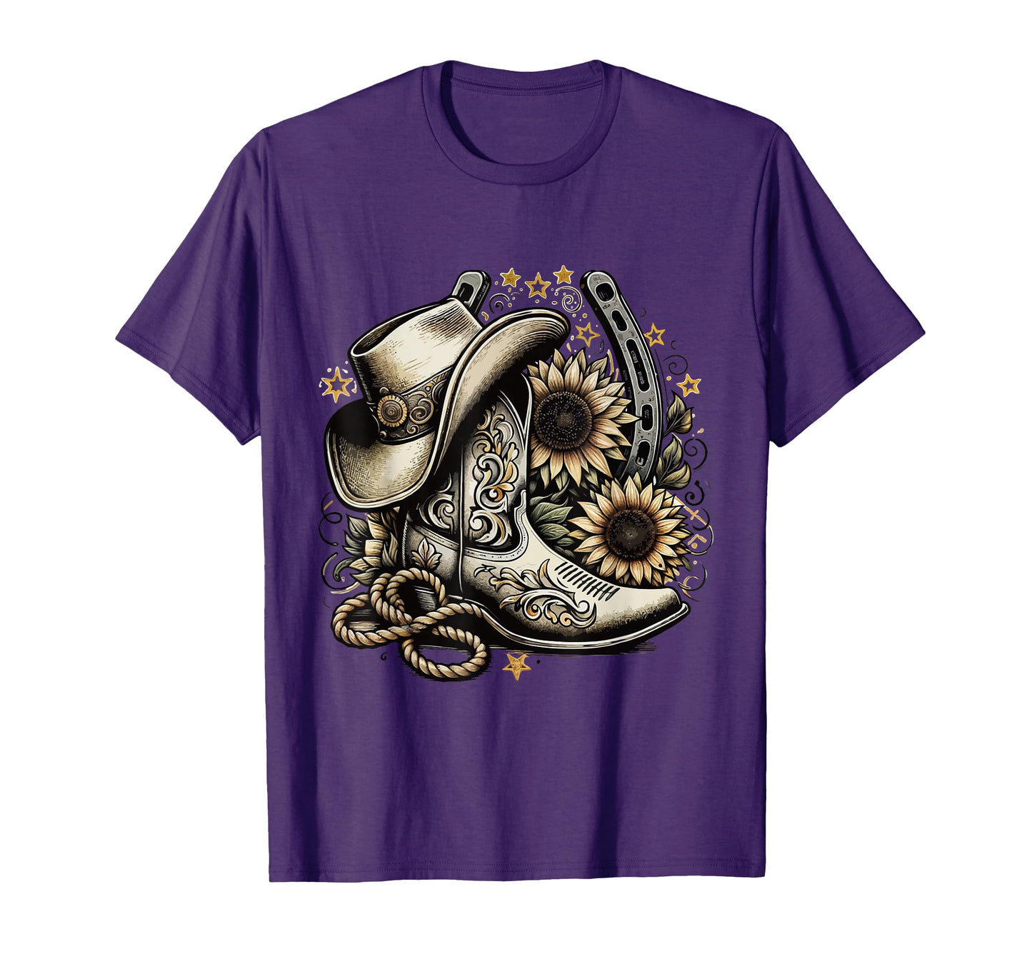 Western Cowboy Boot Horseshoe Sunflower Rope Cowgirl country T-Shirt, Small, Black