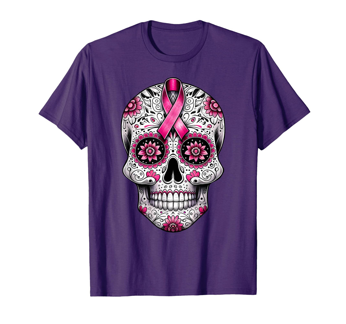 Pink Ribbon Sugar Skull Calavera Breast Cancer Awareness T-Shirt