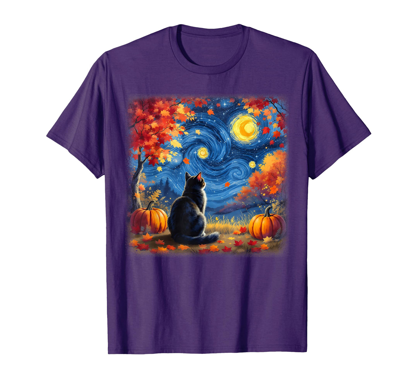 Cat Starry Night Cats Lover Thanksgiving Fall Autumn T-Shirt