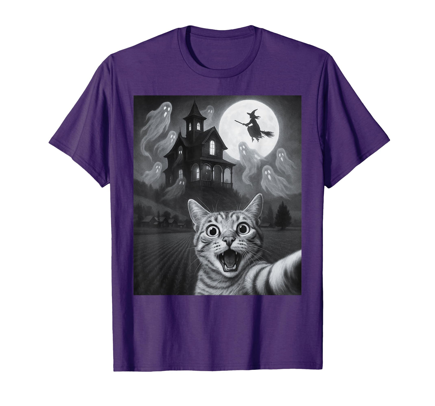 Halloween Cat Selfie With Scary House For Men Women Kids T-Shirt