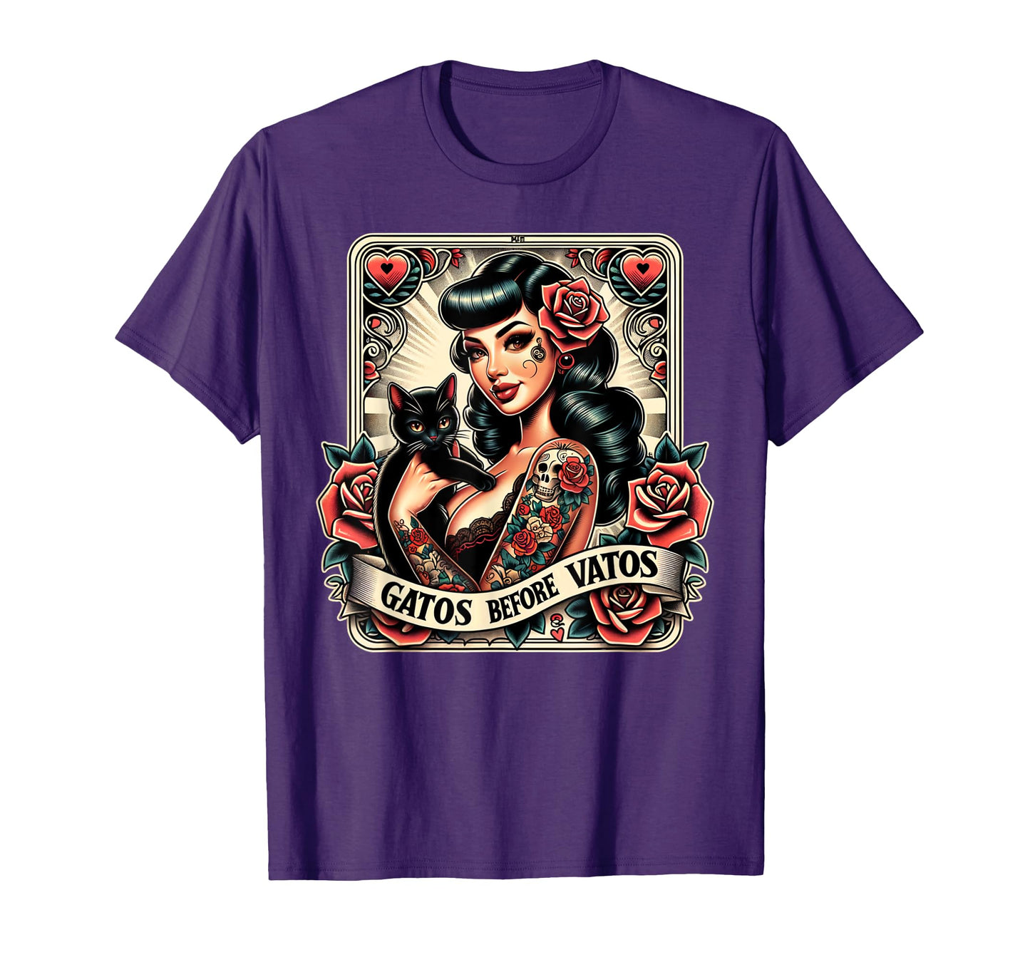 Gatos Before Vatos Black Cat Mexican Chingona Pin-Up Queen T-Shirt