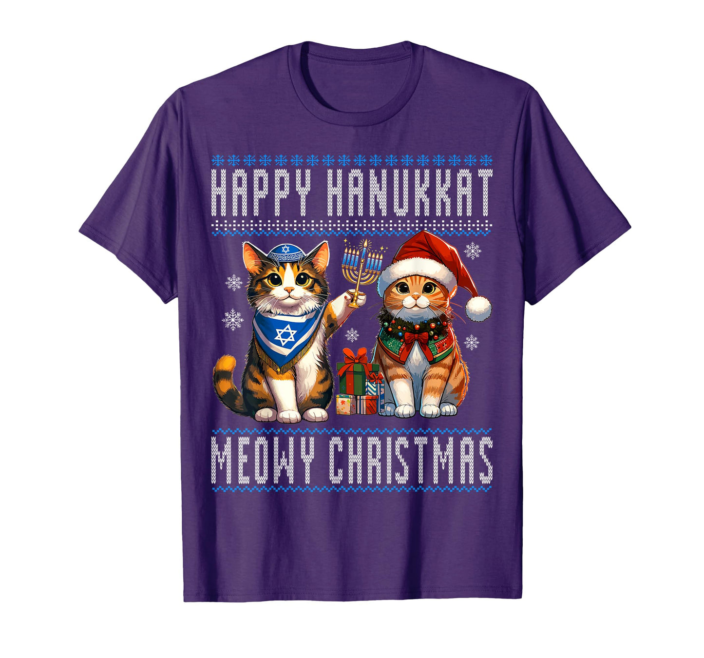 Cat Merry Christmas Happy Hanukkah Jewish Christian Men Women Kids T-Shirt