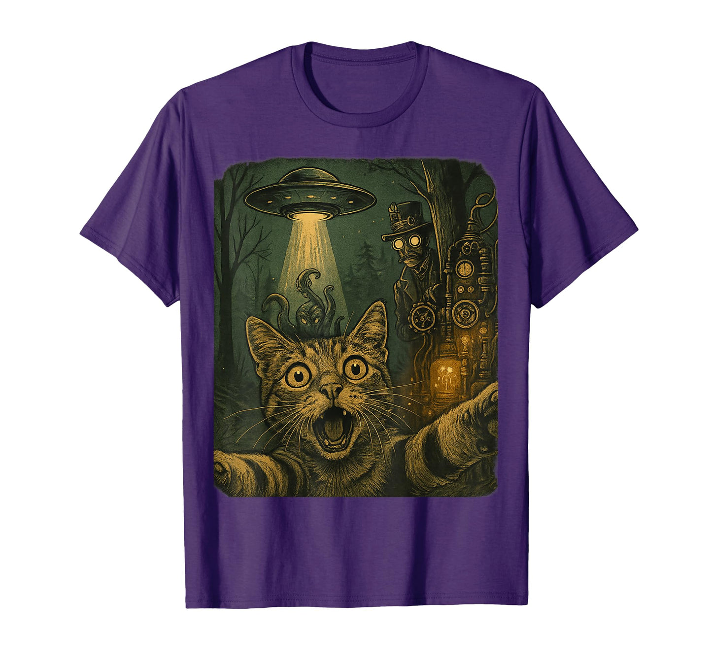 Cat Selfie UFO Steampunk Time Traveler Retro SciFi Victorian T-Shirt