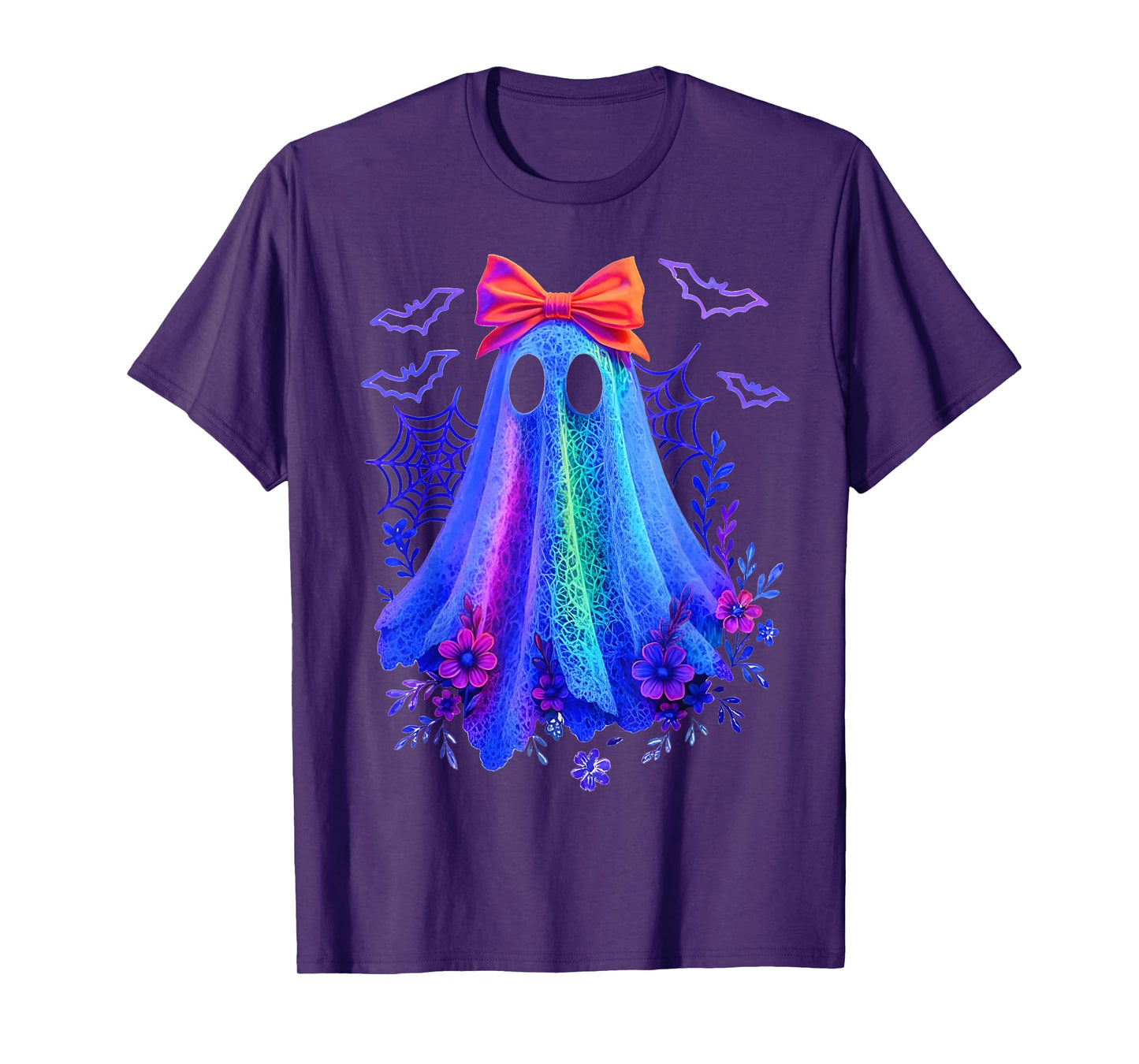 Cute Boo Halloween Ghost Bow Flower Neon Ghost Halloween T-Shirt