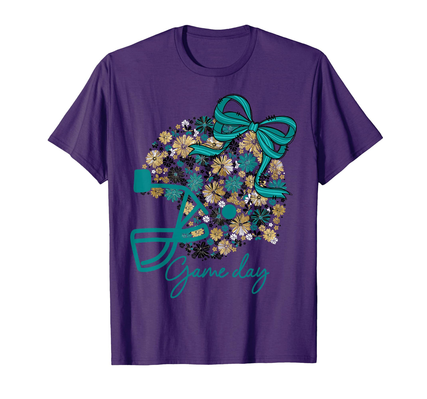 Floral Football Game Day Girly Team Spirit Black Teal & Gold T-Shirt