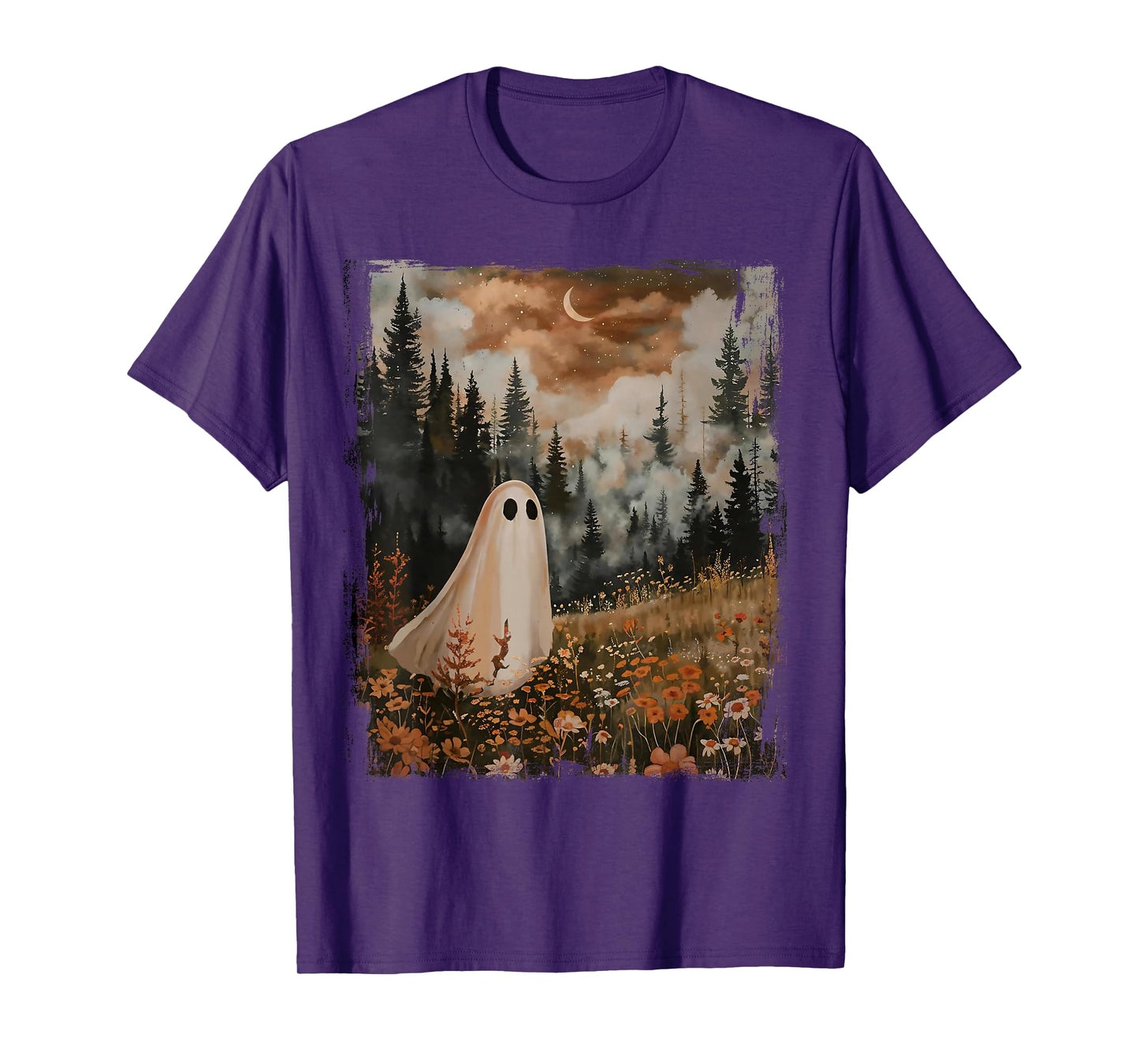 Spooky Season Halloween Ghost In The Flower Forest Vintage T-Shirt