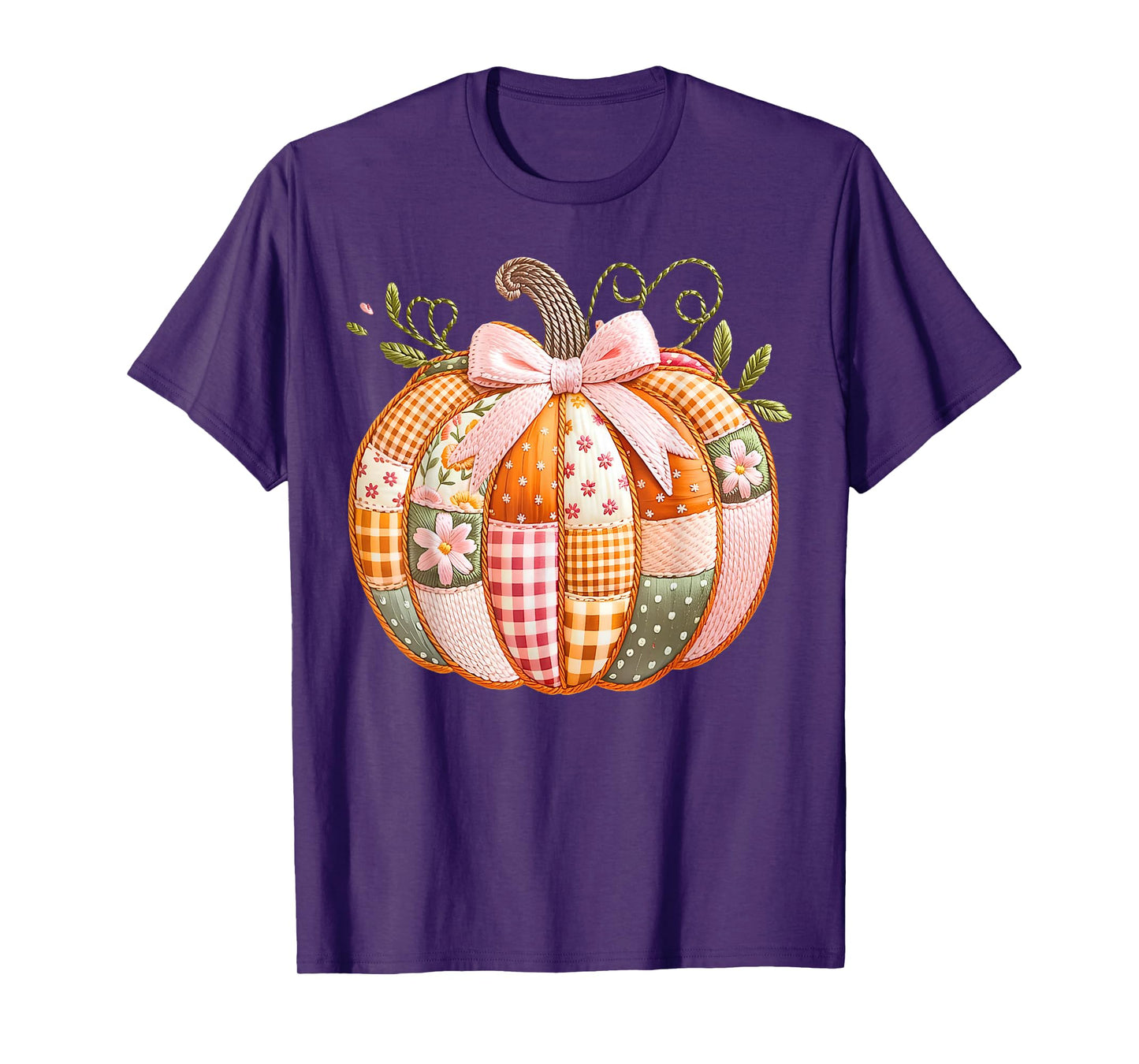 Coquette Bow Floral Patchwork Pumpkin Thanksgiving Autumn T-Shirt