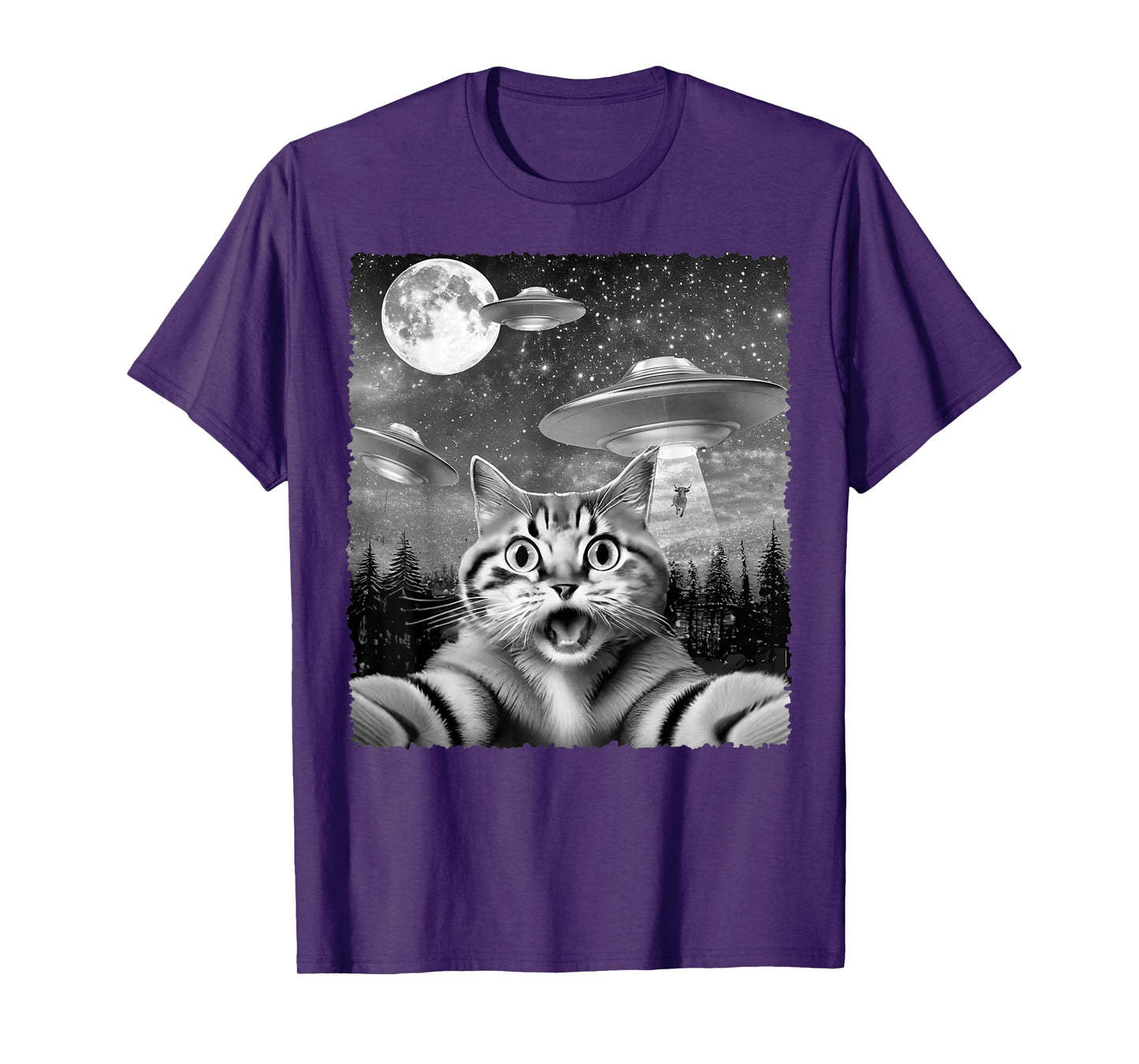 Funny Alien Cat Selfie with UFOs Gift Idea Men Women Kids T-Shirt