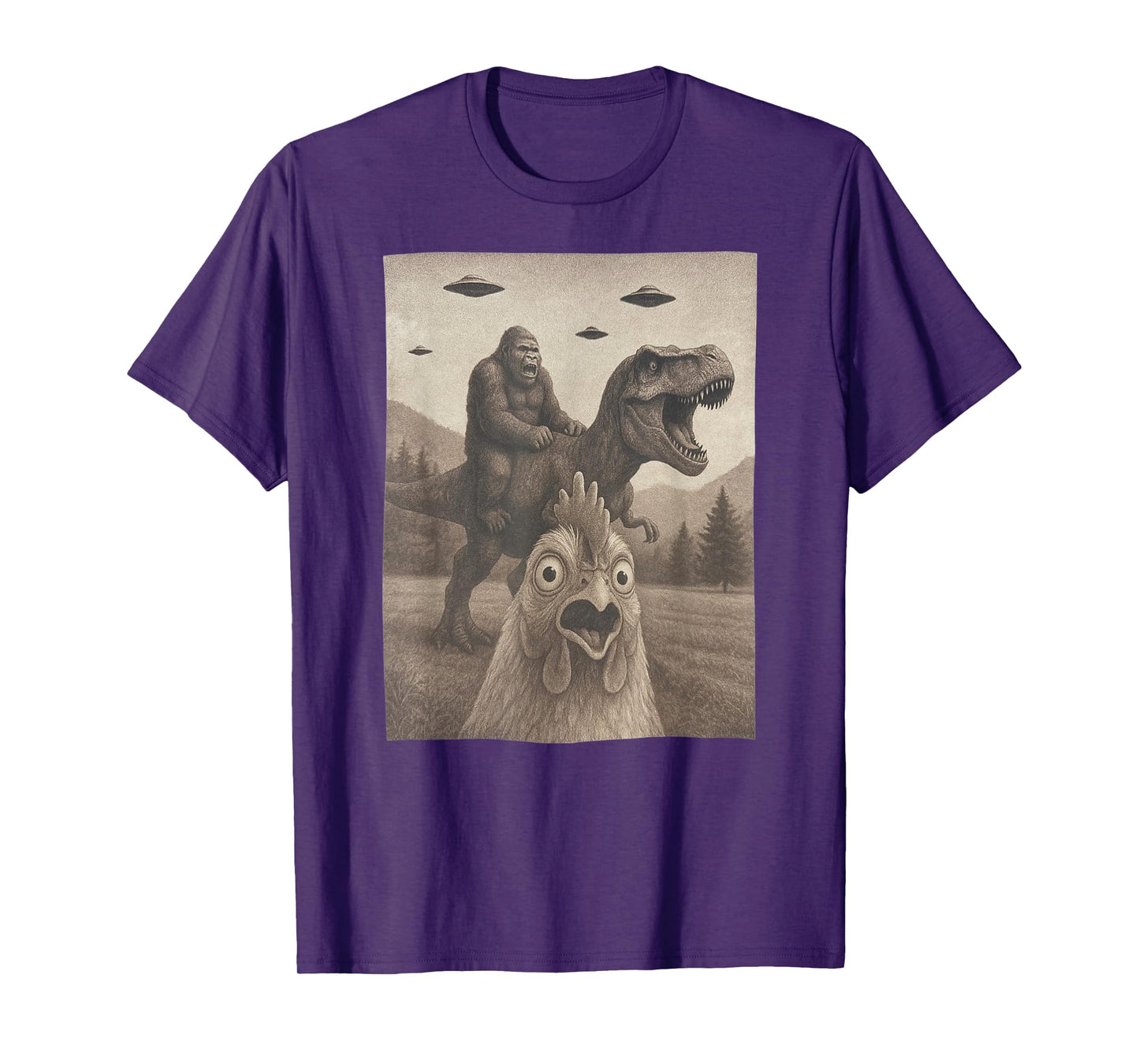 Funny Chicken Shirts, Chicken Selfie Bigfoot Riding T rex T-Shirt
