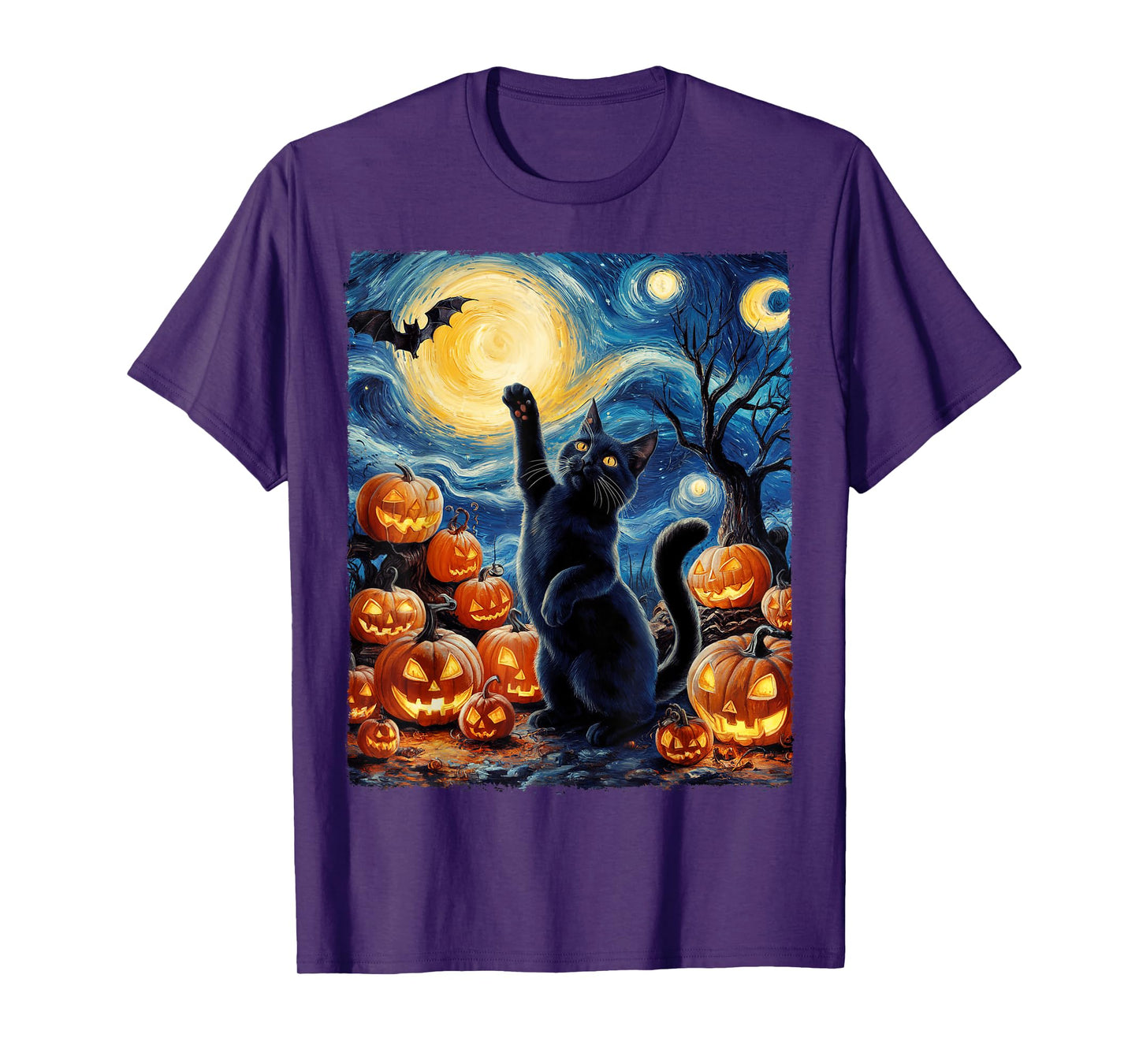 Halloween Cat Van Gogh Starry Night Pumpkin Gifts Men Women T-Shirt