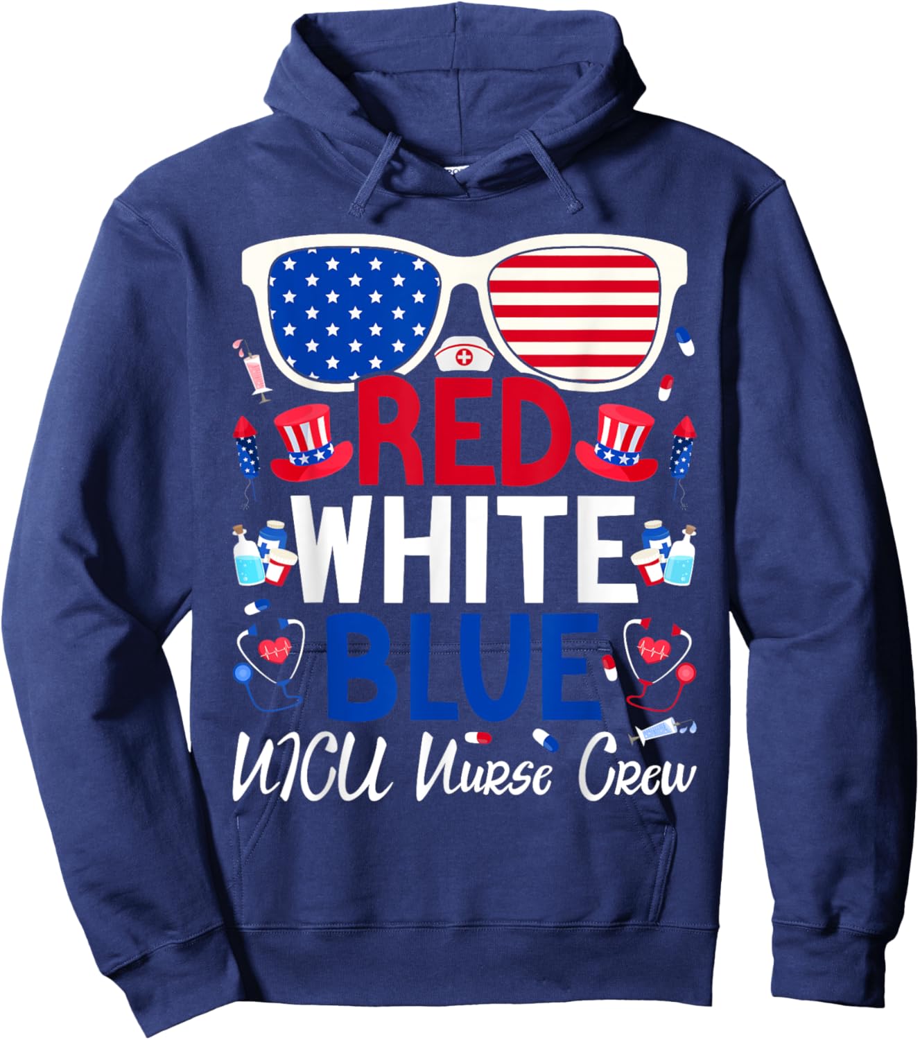 Nurses 4th of July Red White Blue NICU Nurse Crew Patriotic Men Hoodie - Hoodie | Navy