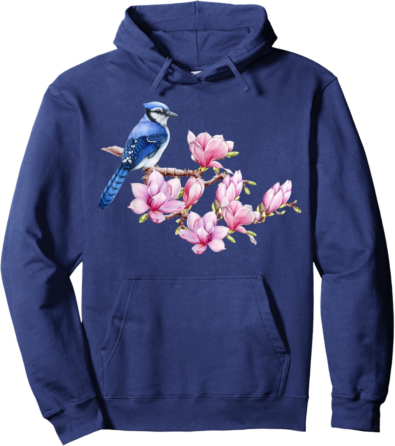 Blue Jay Bird on Magnolia - Watercolor Birding and Gardening Hoodie - Hoodie | Navy