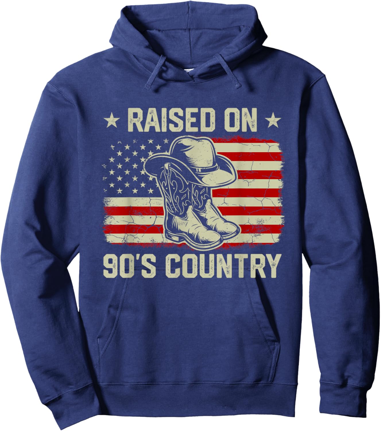 Vintage American Flag Raised On 90's Country Music Hoodie - Hoodie | Navy