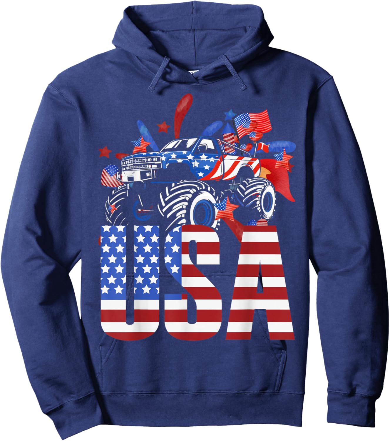 Monster Truck Toddler Boys USA American Flag July 4th Small Hoodie - Hoodie | Navy