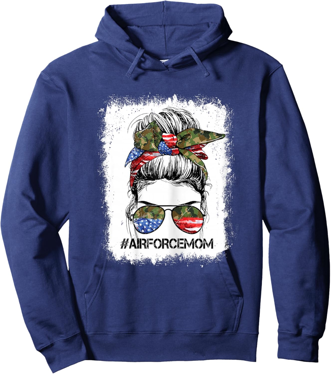 All American Airforce Mom Messy Bun US Flag 4th of July Hoodie - Hoodie | Navy