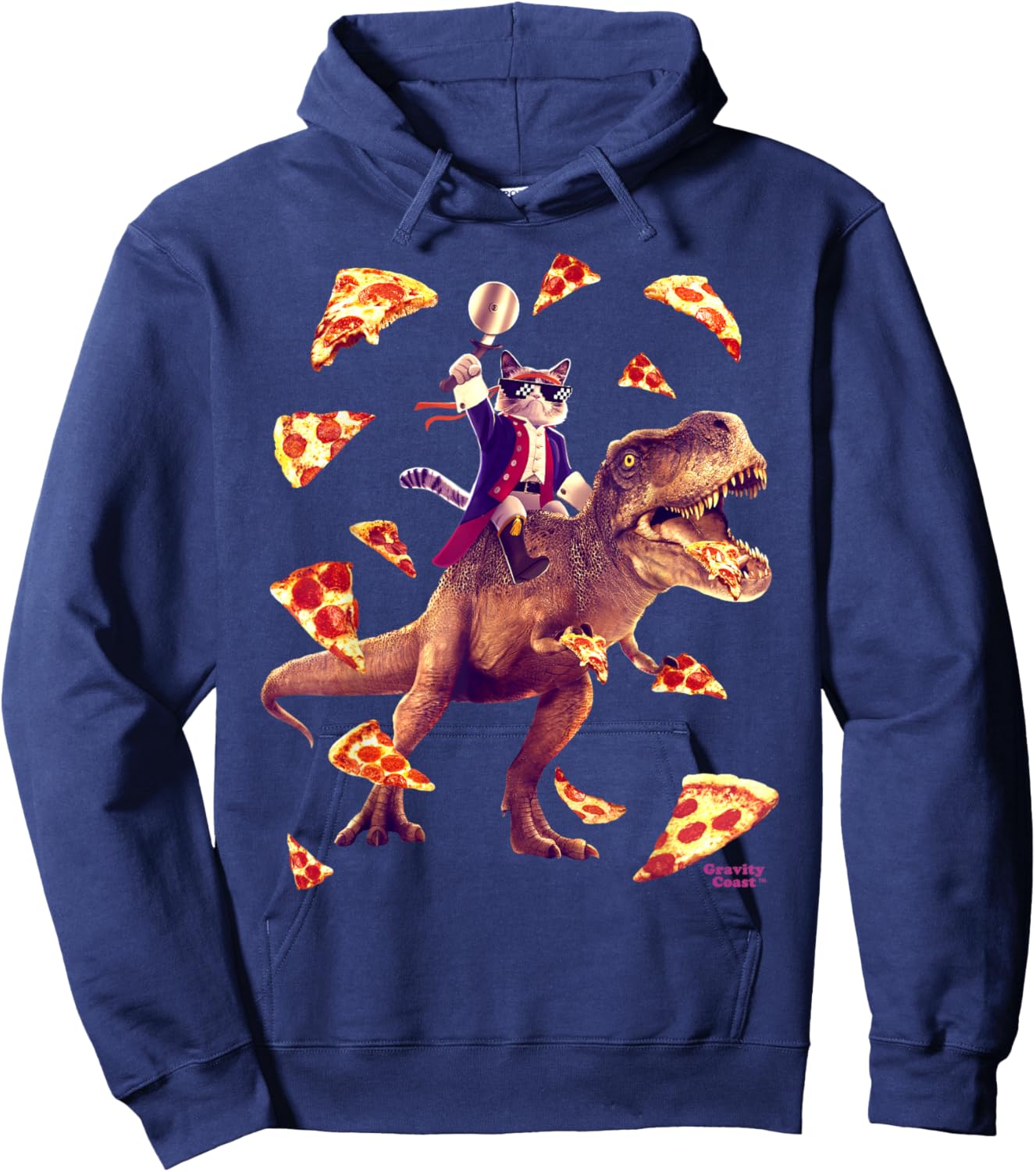 Samurai Cat Riding T Rex Eating Pizza Funny Dino for Kids Hoodie - Hoodie | Navy