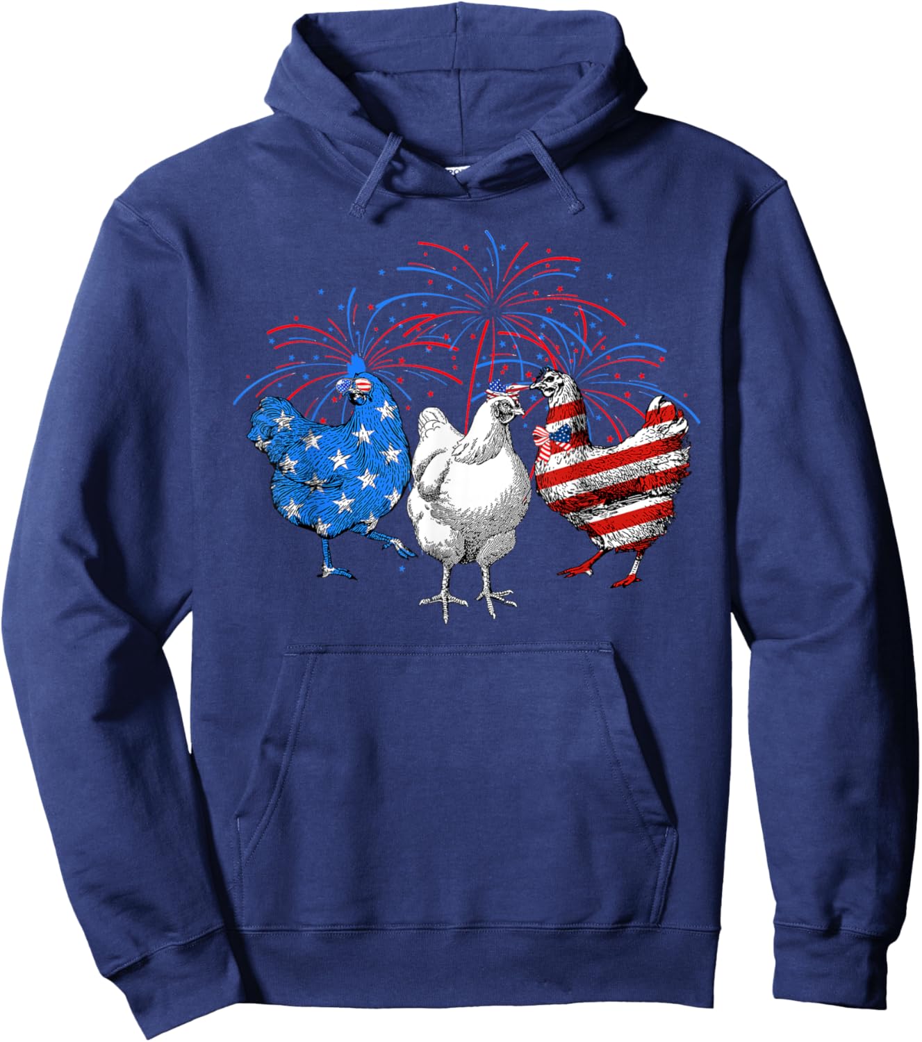 USA Flag Chicken Fireworks Patriotic 4th of July Women Kids Men Hoodie - Hoodie | Navy