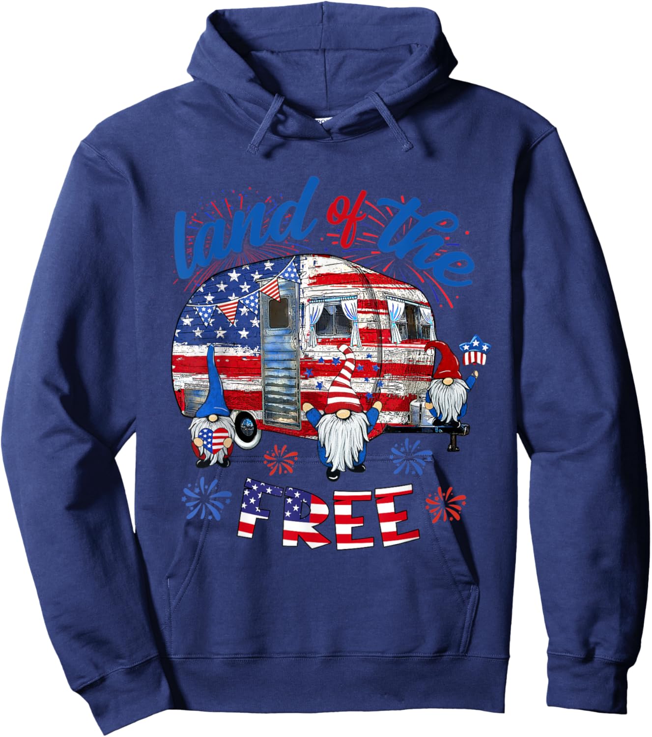 Land Of The Free American Flag Gnomes Camping July 4th Truck Women Men Hoodie - Hoodie | Navy
