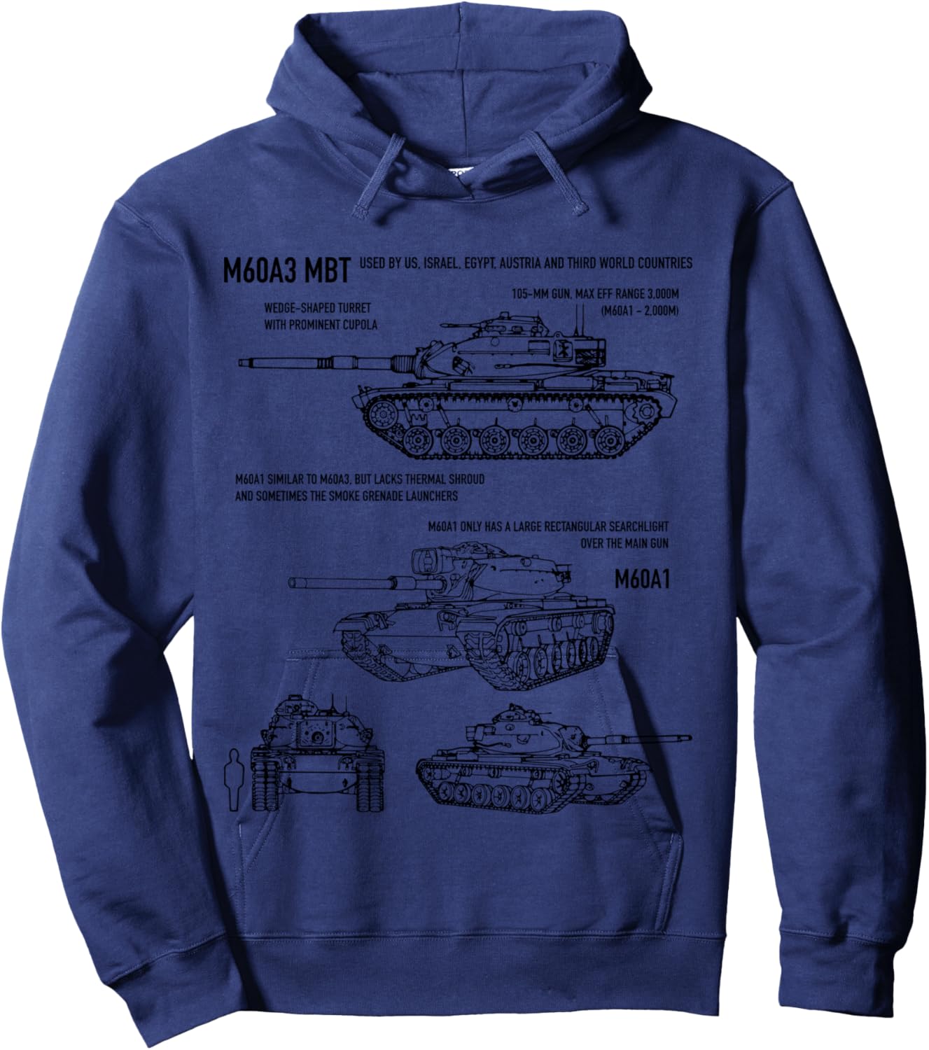 M60A3 Patton Military Tank Recognition Blueprints Hoodie - Hoodie | Navy