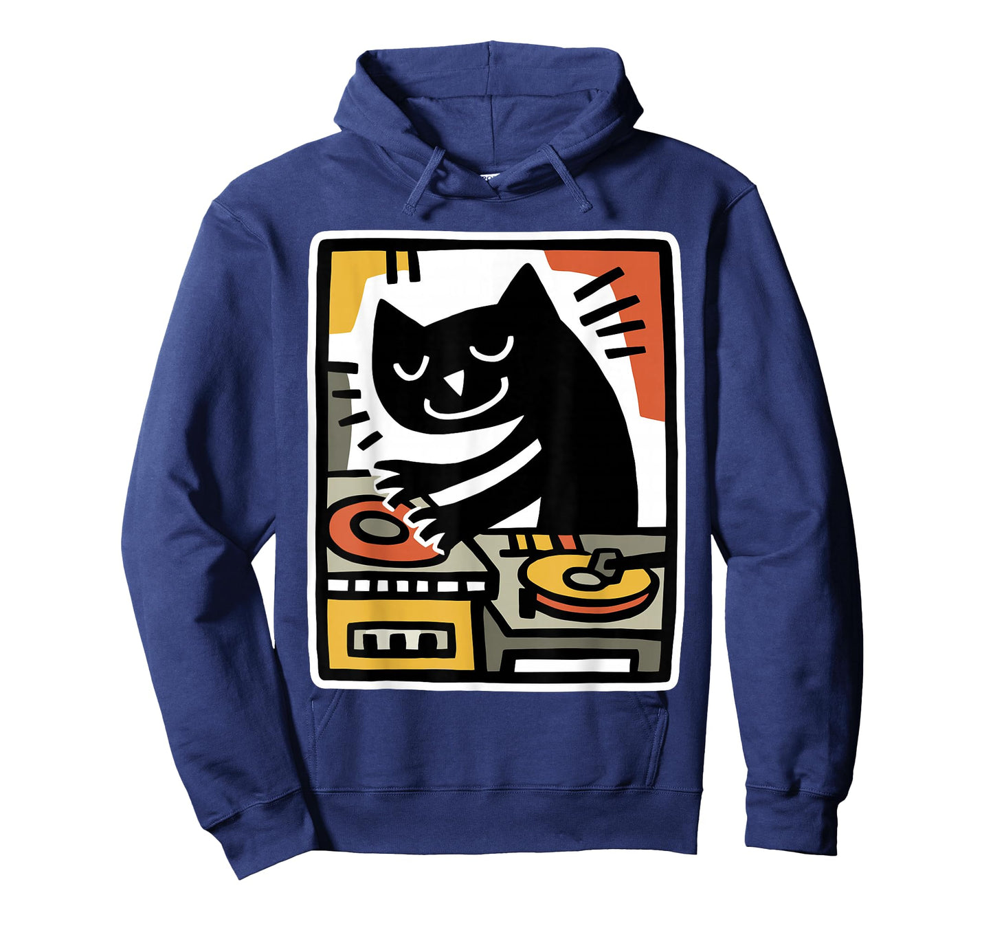 Cool Black Cat DJ Mixing Records Retro Folk Art Illustration T-Shirt