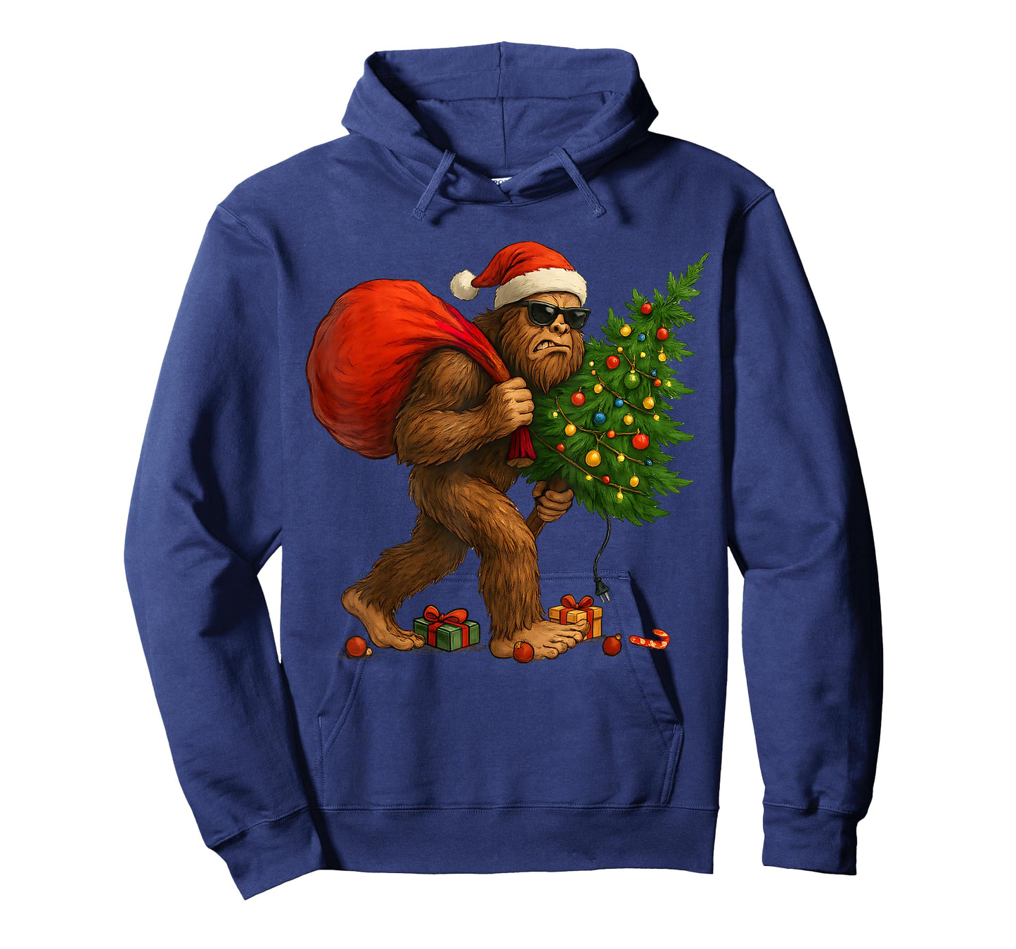 Bigfoot Stealing Christmas Tree Lights Xmas Boys Men Sasquax T-Shirt