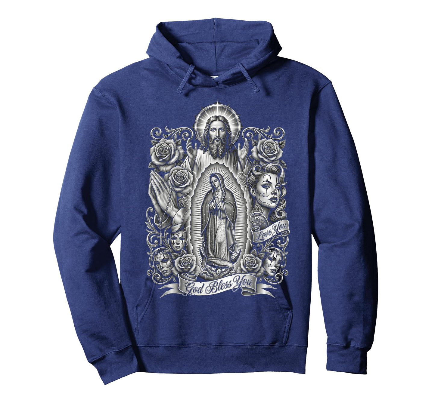 Chicano Style Payasa Jesus Virgin Mary Rosary Religious Art T-Shirt
