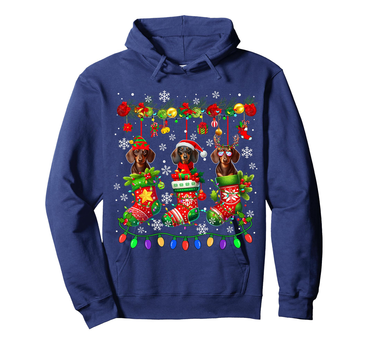Three Santa Elf Dachshunds in Colorful Christmas Socks Owner T-Shirt