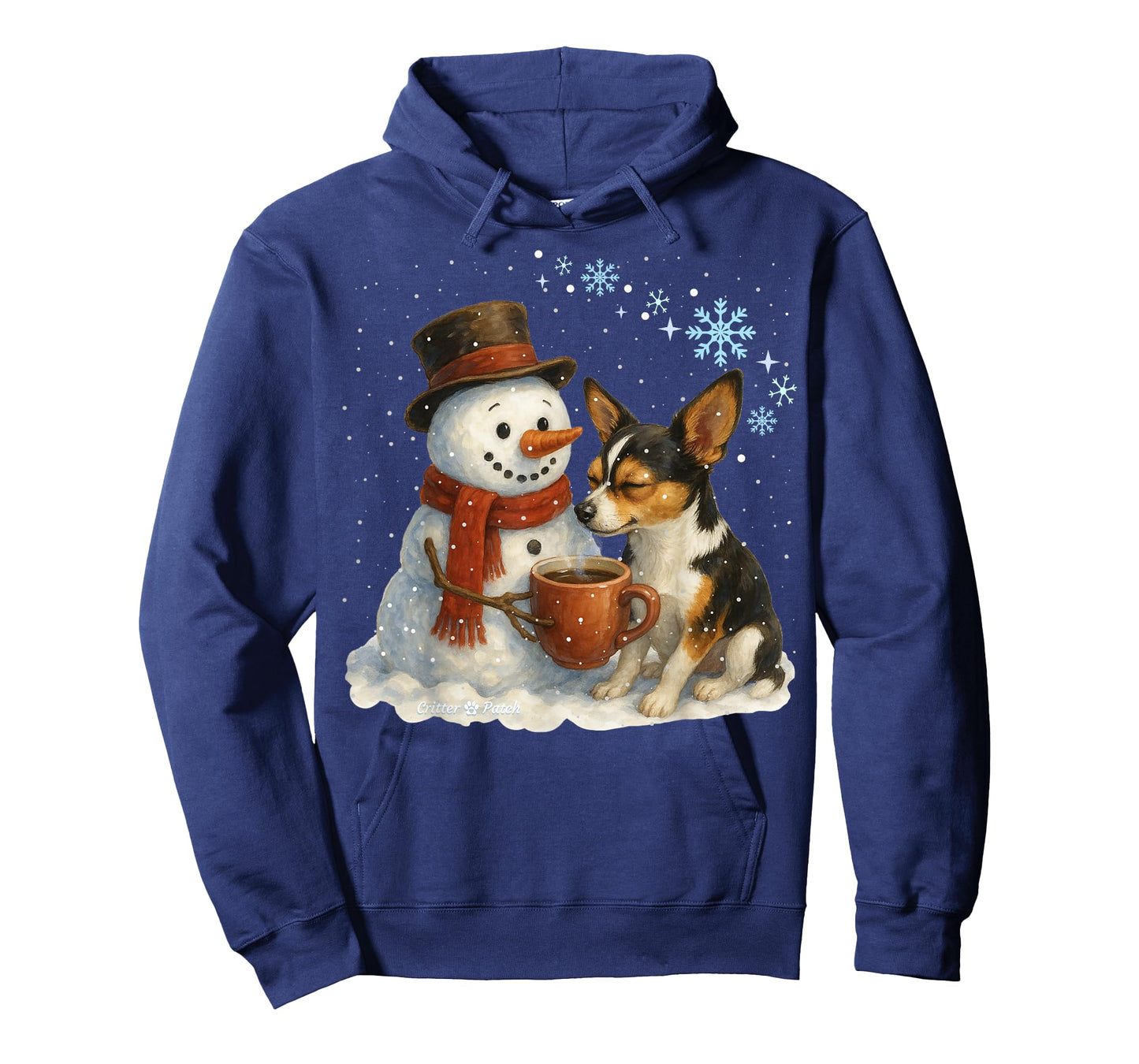 Tricolor Chihuahua and Snowman Friends Share Coffee in Snow T-Shirt