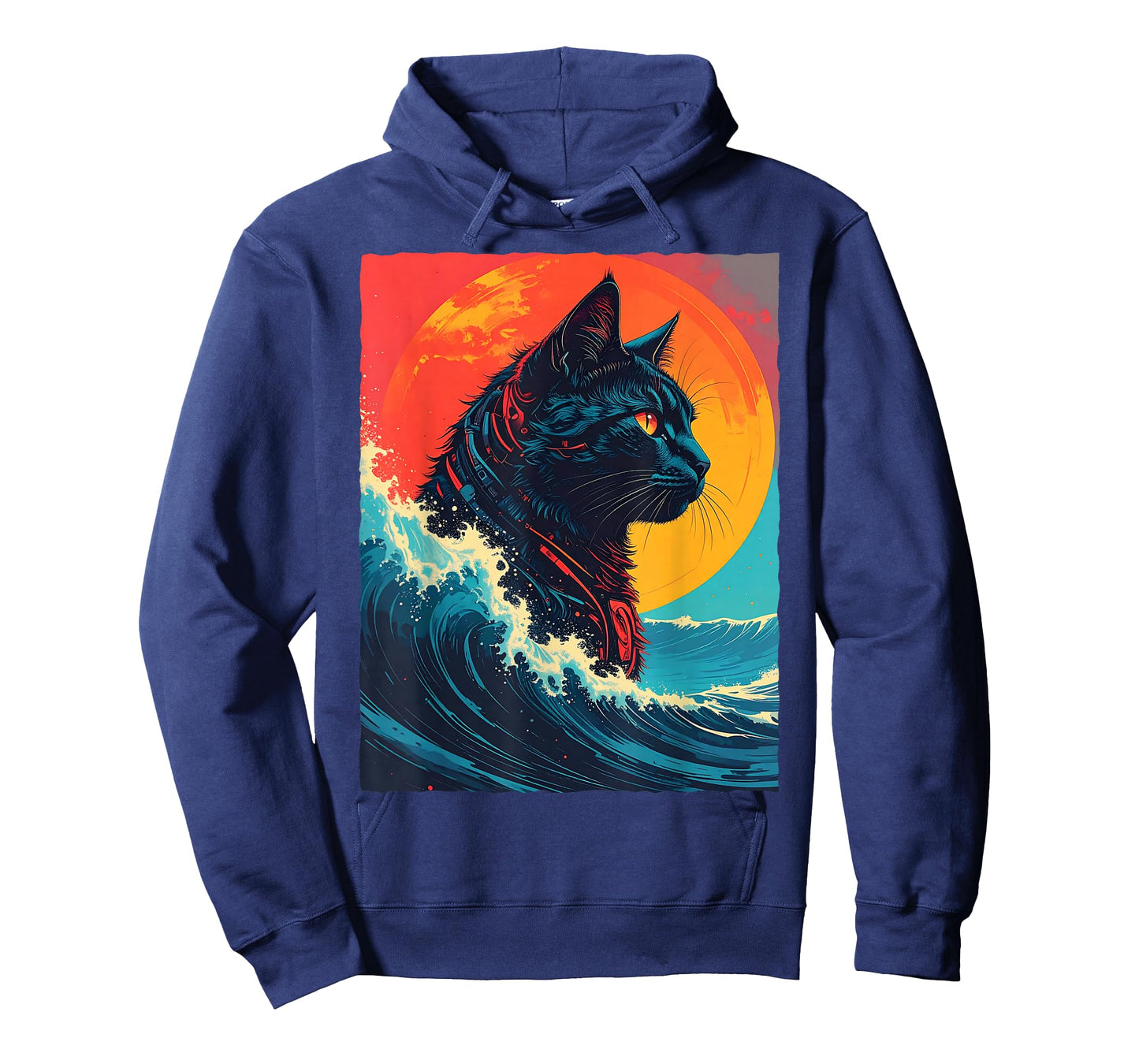 Great Kanagawa Wave Black Cat Robot Cyborg Sci-Fi Retro Sun T-Shirt
