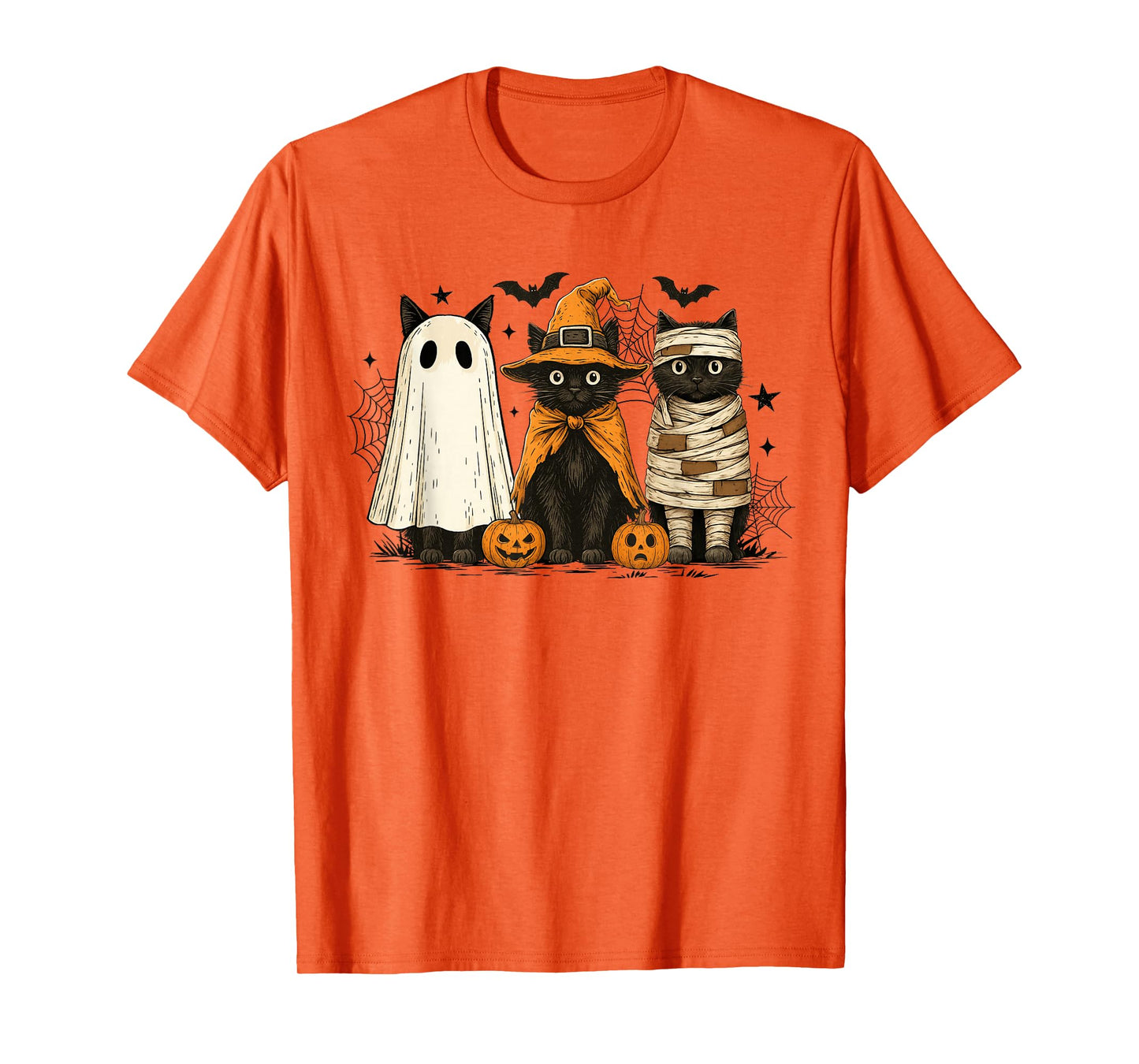 Retro Black Cat Witch Scary Halloween Pumpkin Women Men Kids T-Shirt