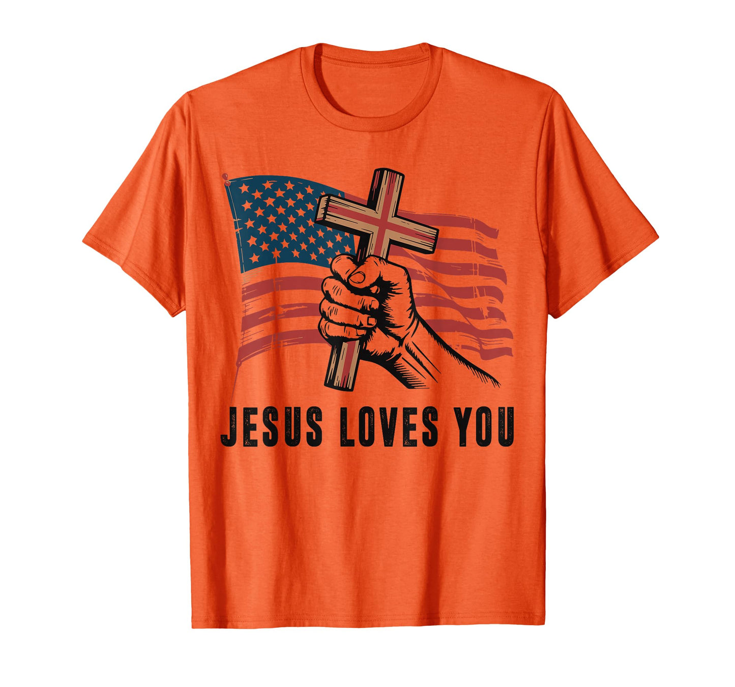 Mens Jesus Loves You Christian Patriotic Cross American Flag T-Shirt
