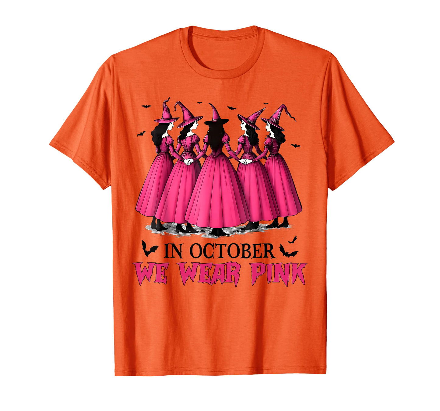 in October We Wear Pink Spooky Witch Halloween Breast Cancer T-Shirt