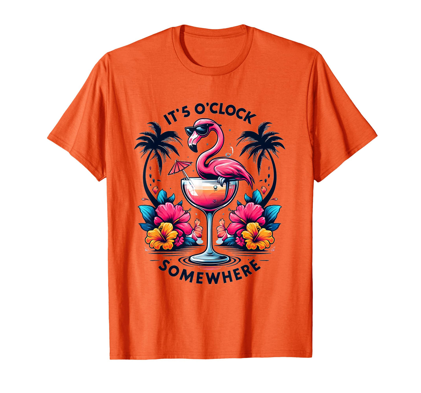It's 5 O'Clock Somewhere Flamingo Beach Vacation Drinking T-Shirt for Men Women