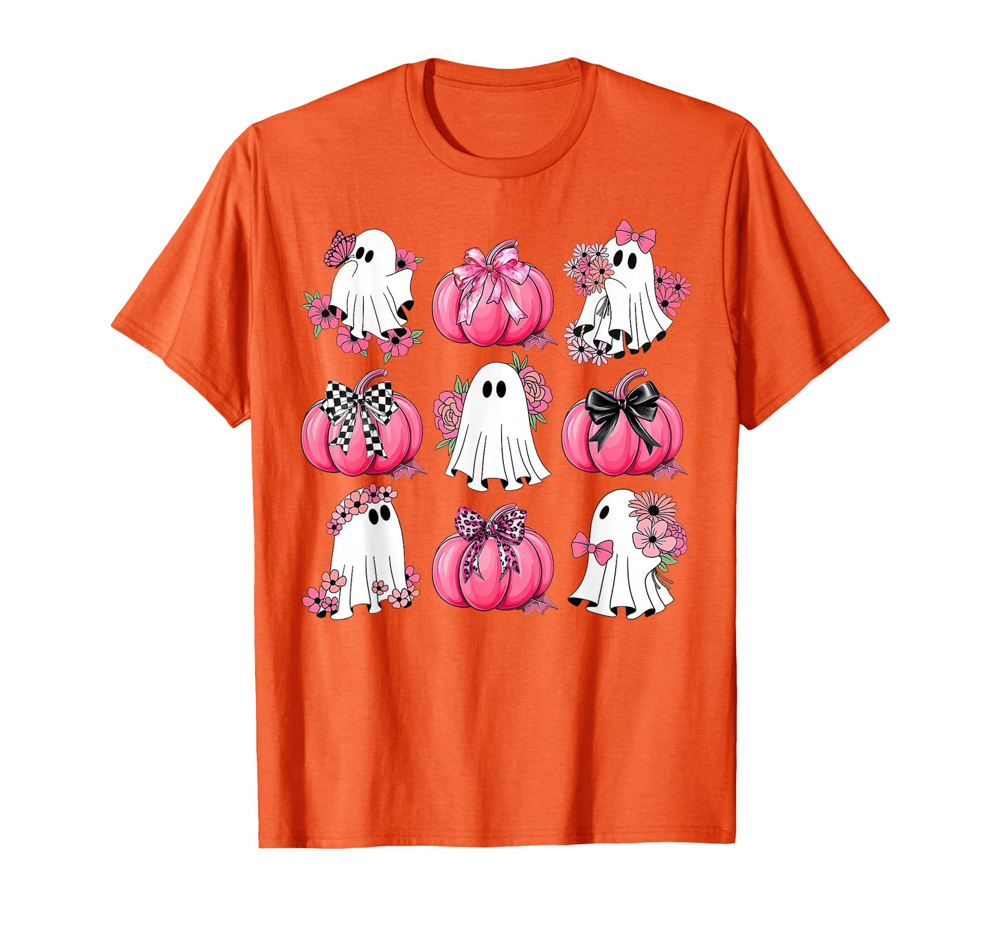 Cute Ghost Florals Pink Coquette Bows Pumpkins Halloween T-Shirt