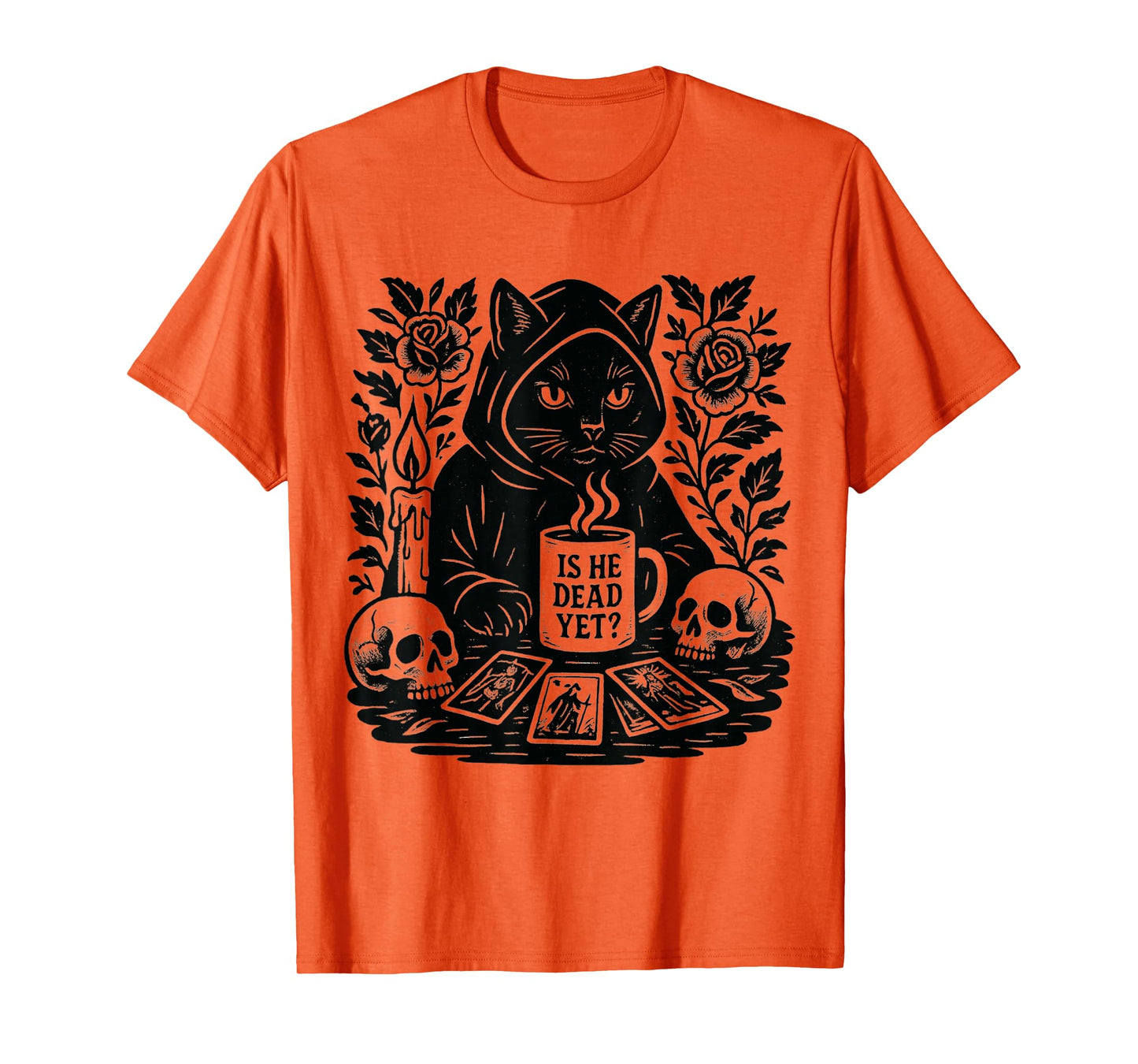 Is He Vintage Dead Yet Dark Humor Gothic Coffee Ritual Cat T-Shirt