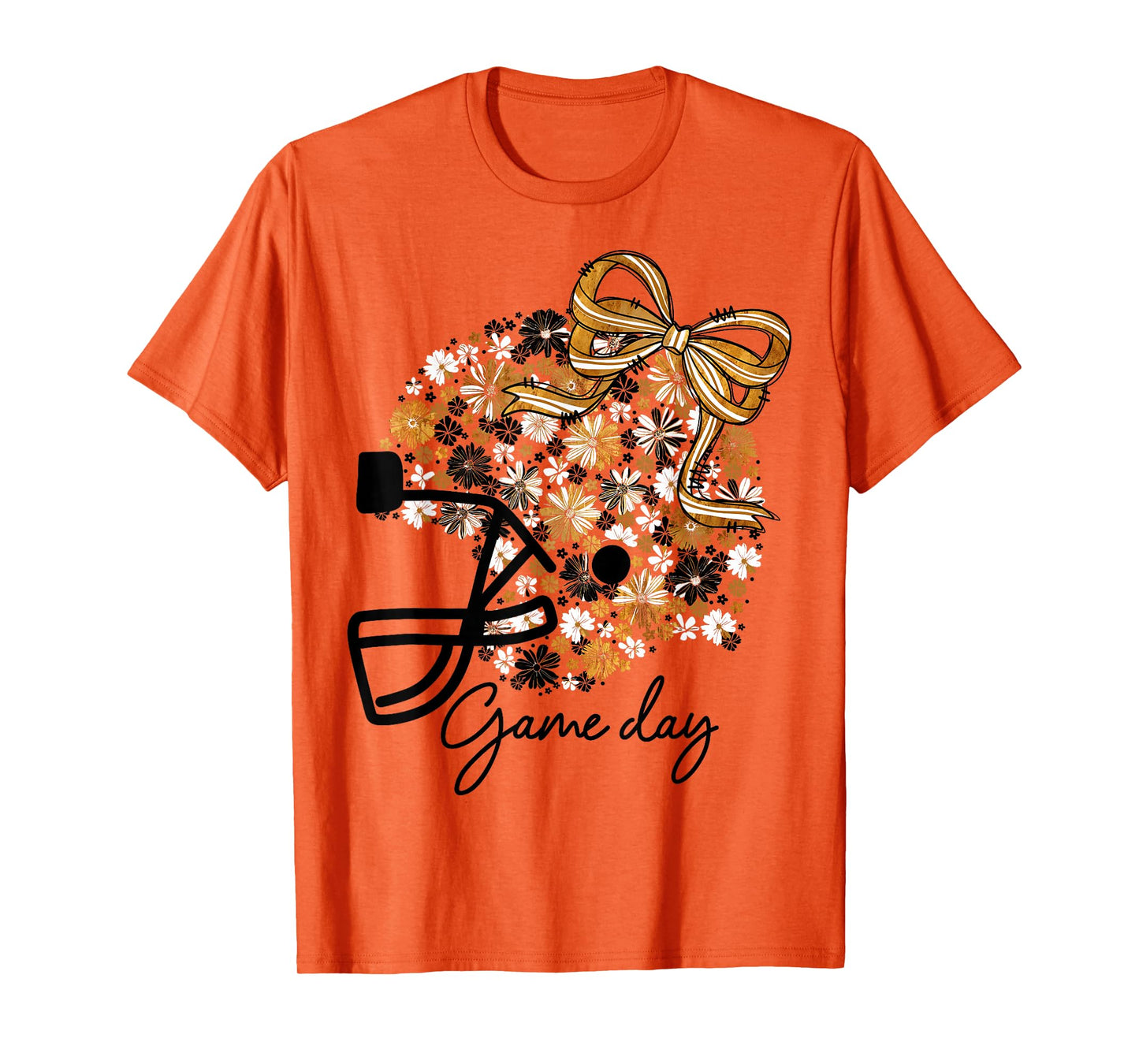 Floral Football Game Day Girly Bow Team Spirit Black & Gold T-Shirt