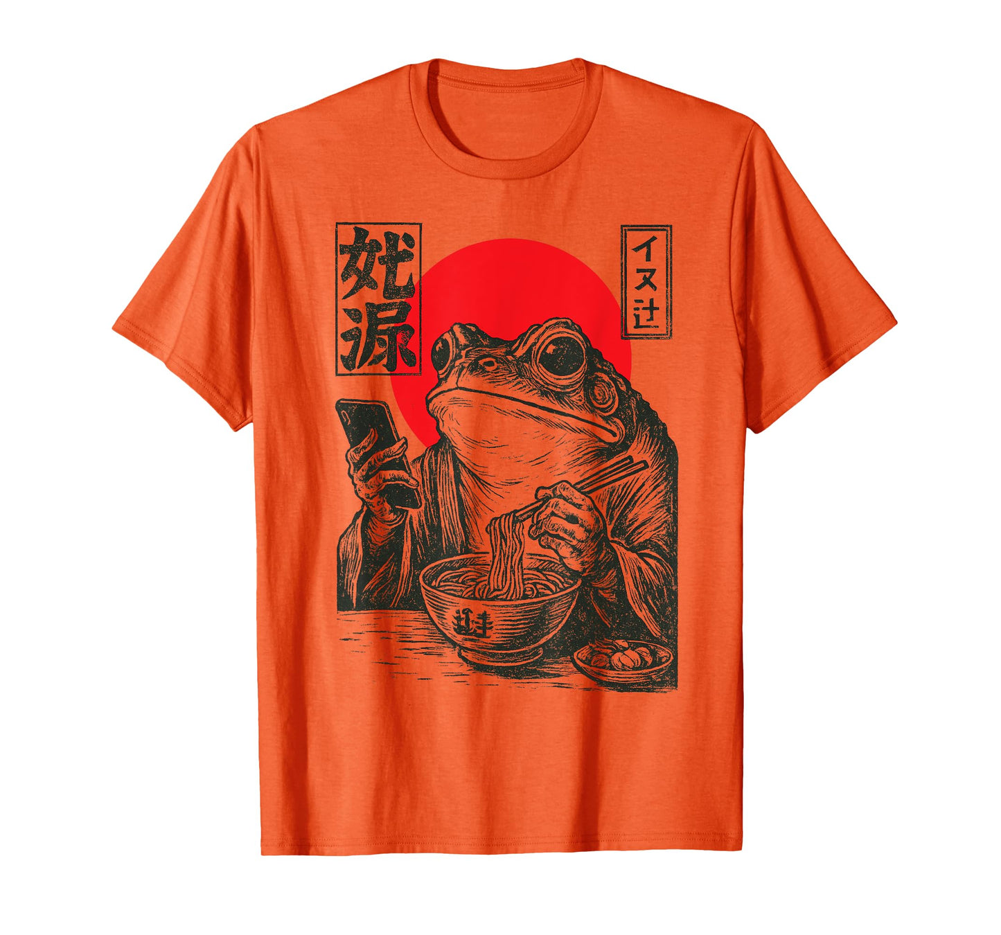 Funny Grumpy Frog Eat Ramen and Scroll Phone Japanese Art T-Shirt