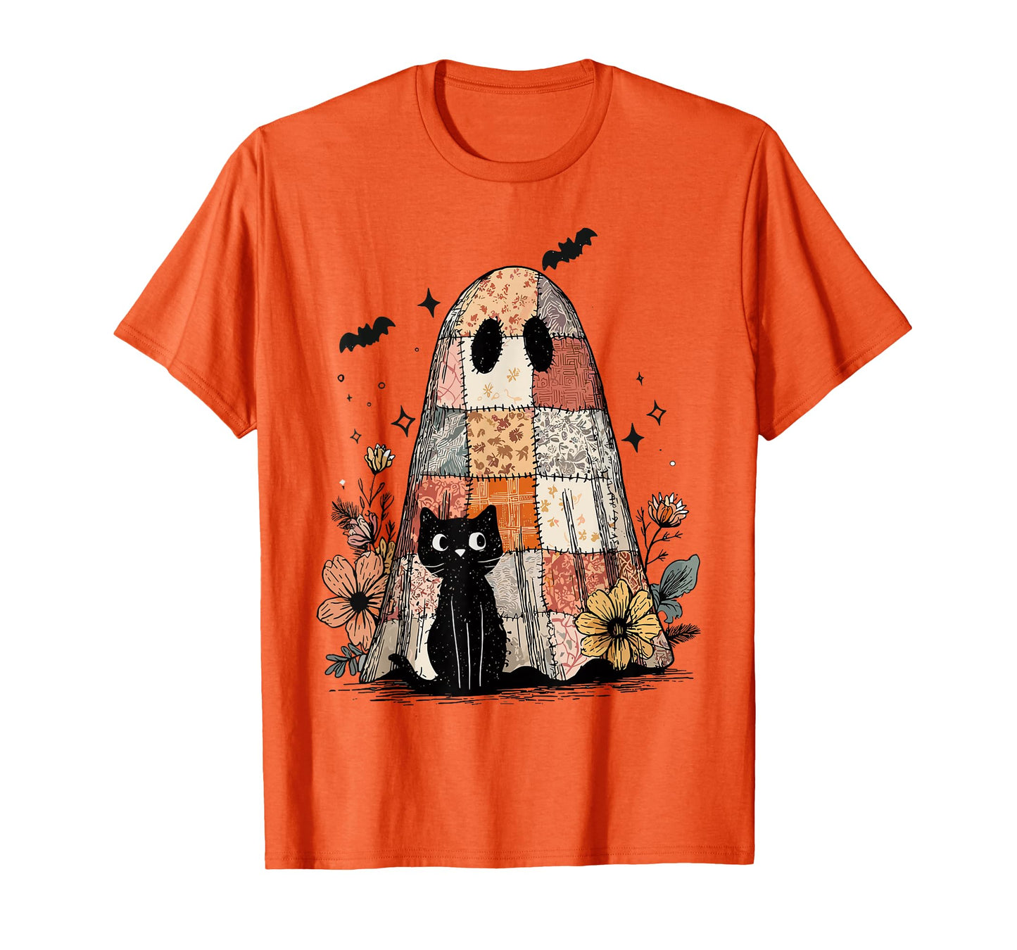 Retro Patchwork Ghost and Cat Floral Hallowee Spooky Season T-Shirt