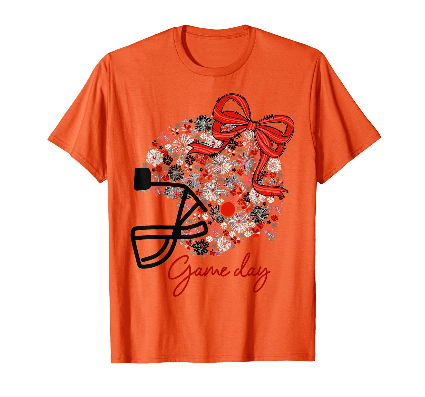 Floral Football Game Day Girly Team Spirit Black Red & White T-Shirt