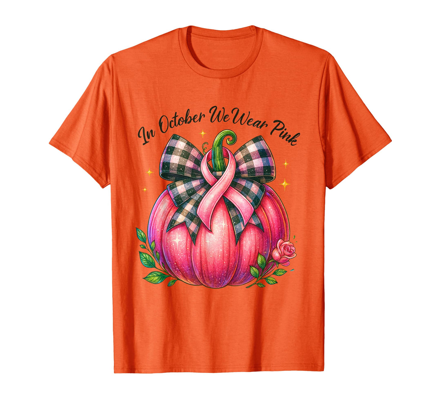 Bow Tie Pumpkin in October We Wear Pink Ribbon Breast Cancer T-Shirt
