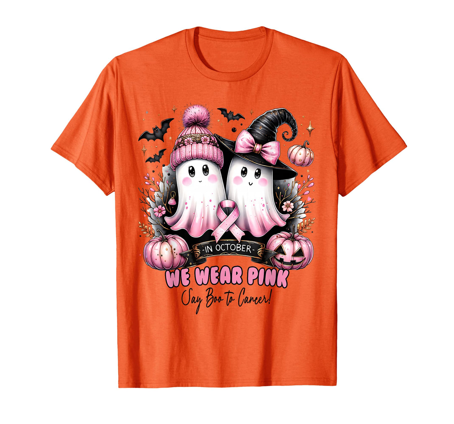 in October We Wear Pink Ghost Witch Breast Cancer Awareness T-Shirt