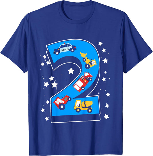 Kids 2nd Birthday 2 Years with firetruck and police car T-Shirt - T-Shirt | Royal