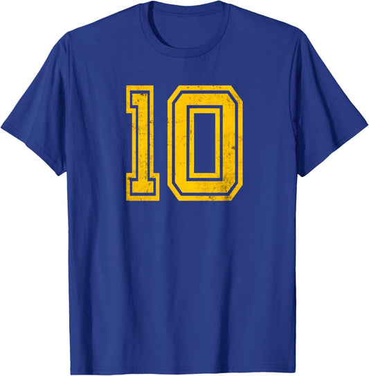 Number #10 Distressed Yellow Number T-Shirt - T-Shirt | Royal