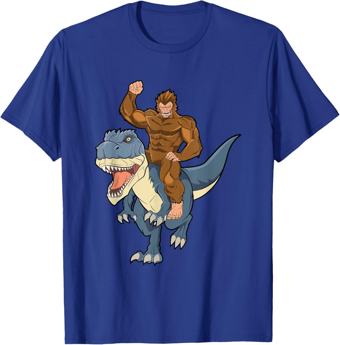 Bigfoot Sasquatch Riding Dinosaur T Rex For Boys Girls Kids T-Shirt - T-Shirt | Royal