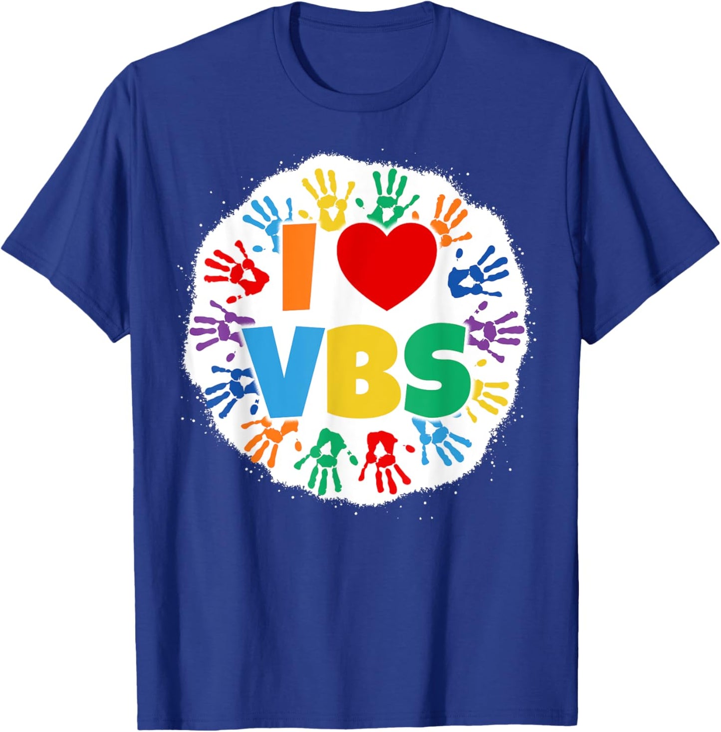 2022 Vacation Bible School Bleached Handprints I Love VBS T-Shirt - T-Shirt | Royal