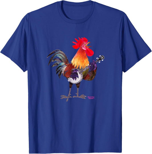 Rooster Playing Banjo on Fleck For Bluegrass Fans Musicians T-Shirt - T-Shirt | Royal