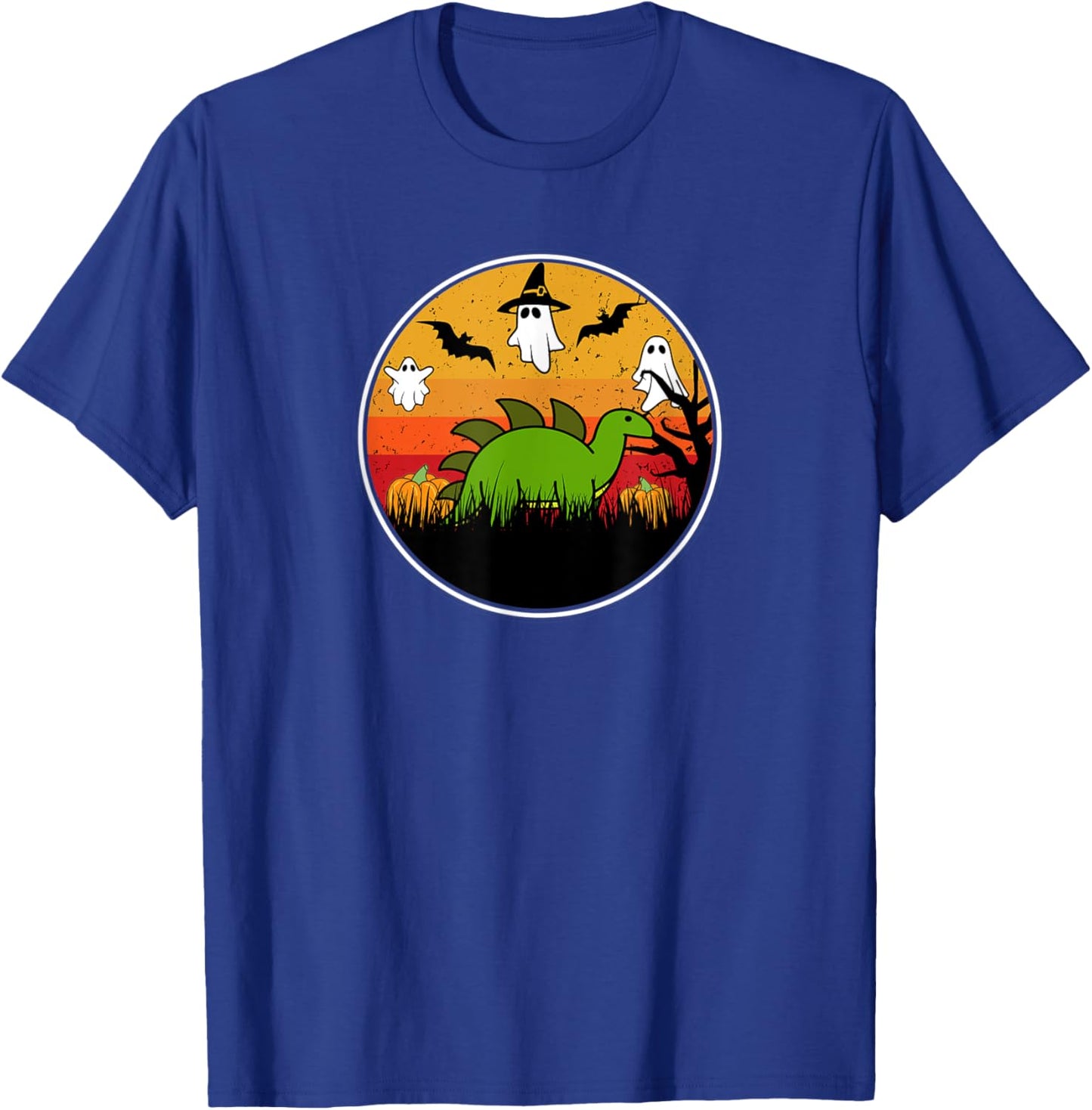 Stegosaurus Dinosaur Dino Pumpkin Patch Bat Ghost Kawaii T-Shirt - T-Shirt | Royal
